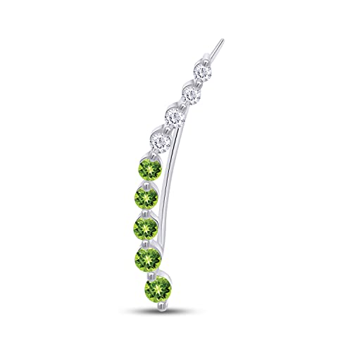 One Piece Right Ear Climber Earring for Women With Birthstone And White CZ | Floating Curved Bar Ear Crawler In 14K Gold Over Sterling Silver Jewelry for Her - color: Simulated Peridot