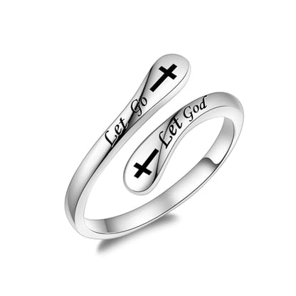 Fookduoduo 925 Sterling Silver Ring Inspirational Jewelry adjustable Wrap Open Rings for Women - style: Let Go Let God