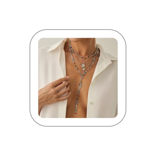 Layered Cross Necklace Set for Women, Layered Choker Necklaces Trendy Jewelry, Colorful Enamel Beaded Y-Shaped Lariat Necklace, Boho Multilayer Cross Necklace for Party and Daily Wear - color: Silver-05