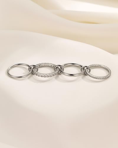 Gold Silver Stackable Rings for Women Mixed Metal Interlocked Ring Stack | Multi Ring set non tarnish 14K Gold Plated Cubic Zirconia Fashion trendy Two Tone Connected Bands Statement rings Size 4-11 - color: 02-Silver 4 rings
