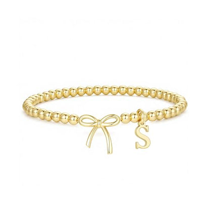 M MOOHAM Bow Initial Bracelets for Women Girls, Letter A-Z Beaded Bracelet | 14K Gold Plated, Bow Bracelets for Girls, Gold Bracelet, Beaded Initial Bracelet, Birthday Gift for Teen Girl Jewelry - color: S