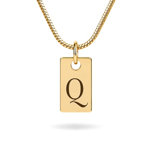 Initial Necklace in 18K Gold Plated, Personalized Engraved Letter Pendant, Gold Snake Chain, 6×10 mm Rectangle Charm for Women - color: Q