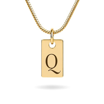 Initial Necklace in 18K Gold Plated, Personalized Engraved Letter Pendant, Gold Snake Chain, 6×10 mm Rectangle Charm for Women - color: Q