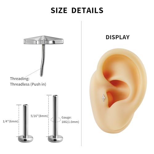 1PC ASTM F136 Titanium Mini Threadless Flat Back Stud 18G 6mm 8mm for Conch Helix Flat Tragus Labret - color: Four-pointed star - Tit