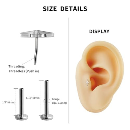 1PC ASTM F136 Titanium Mini Threadless Flat Back Stud 18G 6mm 8mm for Conch Helix Flat Tragus Labret - color: Four-pointed star - Tit