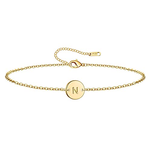 Ovian Initial Charm Bracelet for Women 18K Gold Plated stainless steel Coin Disc Engraved Letter Bracelet Personalized Monogram Name Bracelet - color: N