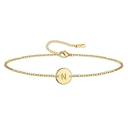 Ovian Initial Charm Bracelet for Women 18K Gold Plated stainless steel Coin Disc Engraved Letter Bracelet Personalized Monogram Name Bracelet - color: N