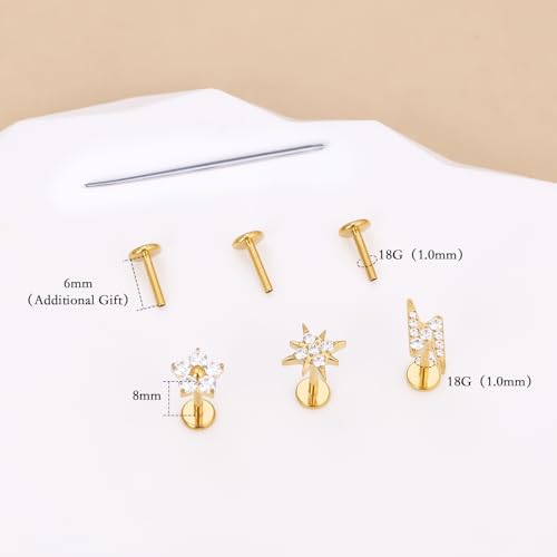 limerencia Titanium Internally Threaded Flat Back Earrings, 3 Pcs Implant Grade Hypoallergenic Studs, 18G Tragus Helix Conch Cartilage Piercing Jewelry for Sensitive Ears Women Men, Gold/Silver - color: Gold-Vibe B