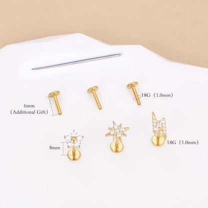 limerencia Titanium Internally Threaded Flat Back Earrings, 3 Pcs Implant Grade Hypoallergenic Studs, 18G Tragus Helix Conch Cartilage Piercing Jewelry for Sensitive Ears Women Men, Gold/Silver - color: Gold-Vibe B