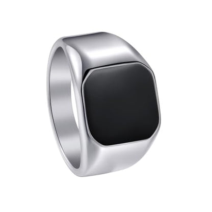PAURO Unisex Stainless Steel Minimalist Square Enamel Signet Ring Plated Glossy Wedding Band - color: Silver Black