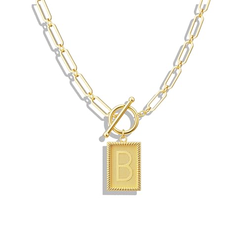 Tewiky Gold Initial Necklaces for Women, Square Letter Pendant Necklace | Toggle Clasp，Trendy 14K Gold Plated Dainty Paperclip Chain Necklaces for Women，Jewelry Gifts - style: Gold B