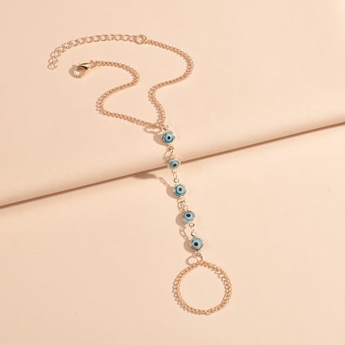 Vivian&CD Trendy Gold Hand Chain Bracelet for Women, 14k Gold Plated Dainty Ring Bracelet, Hypoallergenic Finger Nail Bracelet with Zircon Sequins or Satellite Chain - Elegant Jewelry Gift for Women - style: Devil's Eye