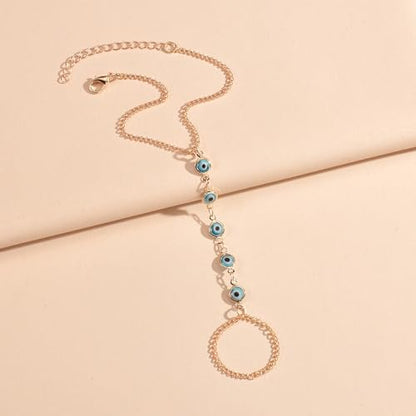Vivian&CD Trendy Gold Hand Chain Bracelet for Women, 14k Gold Plated Dainty Ring Bracelet, Hypoallergenic Finger Nail Bracelet with Zircon Sequins or Satellite Chain - Elegant Jewelry Gift for Women - style: Devil's Eye