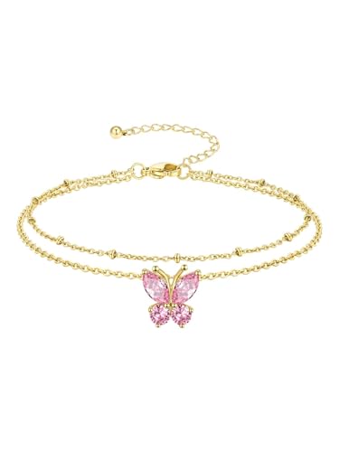 Richsteel Double Layer Heart/Butterfly Birthstone Anklet for Women | Non Tarnish Waterproof, Silver/Gold/Black Stainless Steel 8.5-10.5 Inch Adjustable Chain Anklets Summer Beach Foot Jewelry - color: Gold Butterfly-10 Oct.(Pink Tourmaline)