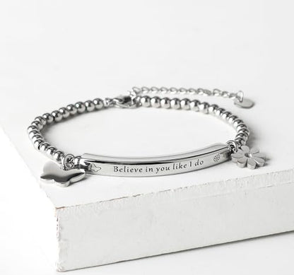 DS Inspirational Bracelet for Women Christian Engraved Bibler Verse Cross Butterfly Daisies Charm Bracelet, Exquisite Stainless Steel Jewelry Daughter Best Friend Bestie - style: Believe in you like i do--Silver 2