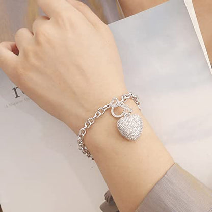 H&Beautimer 925 Sterling Silver Bracelet For Women's - Italian Handmade Rolo Chain 6.3, 6.7, 7.1, 7.5, 8 Inch - AAAAA CZ Zircon Heart/Lock Pendant Bracelet - Fine Jewelry - color: Heart Pendant, size: 7 inches