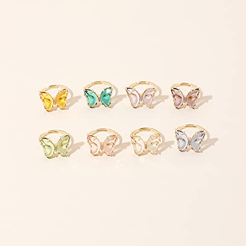 8 Pcs Gold Plated 3D Butterfly Rings Acrylic Adjustable Open Colorful Crystal Bowknot Shaped Band Rings for Women Girls Finger Jewelry - color: transparent