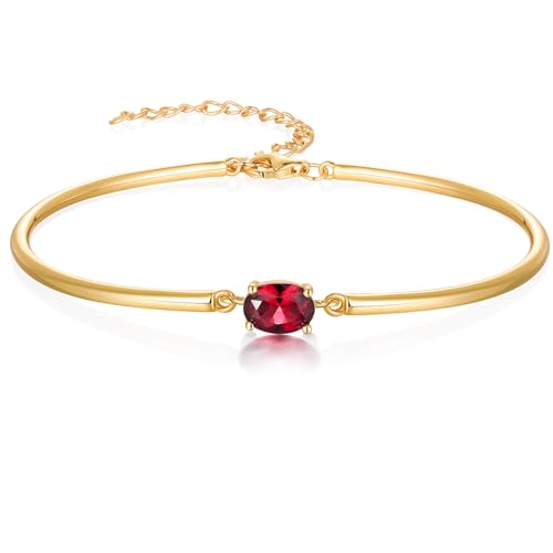 Moissanite/Sapphire/Ruby/Emerald Cuff Bracelet 1 Carat Oval Cut Center Stone Inlaid 925 Sterling Silver 14K Gold Plated Adjustable Birthstone Bangle for Women fit Wrist 5-7.5 Inch - color: Ruby Gold
