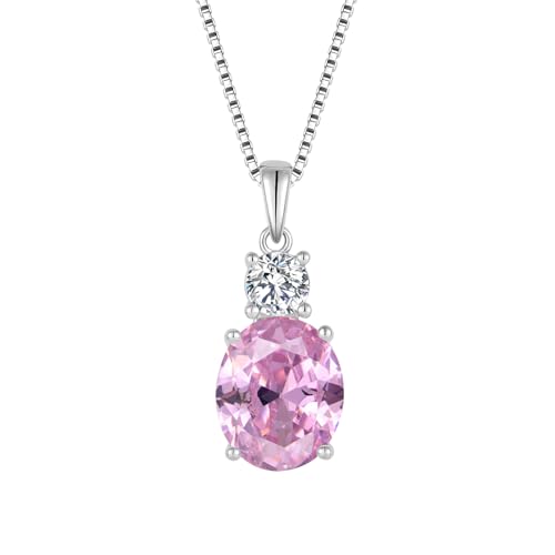 Birthstone Necklace for Women 925 Sterling Silver | Oval Cut Pendant Necklace, Jewelry for Mom Wife - color: Pink