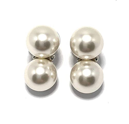 14mm Double Pearl Earring with 2 Crystal Accents, Gold or Silver Setting. Pierced or Clip - color: White/Silver/Pierced