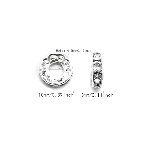 100pcs Large Hole Rhinestone Spacer Beads 10mm Silver Plated Czech Crystal Rhinestone for DIY Jewelry Making Charms Bracelet (Silver) - color: Silver