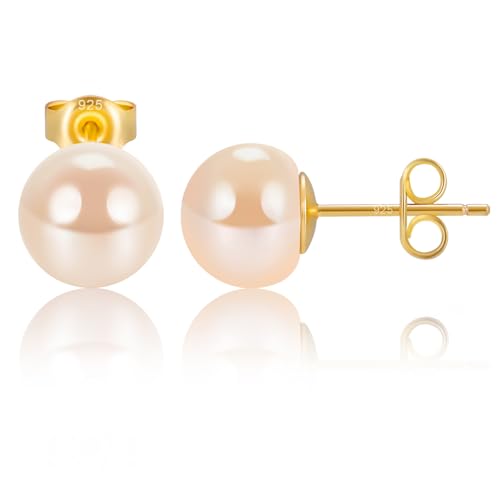 EAMTI Pearl Earrings for Women Trendy 18K Gold Plated Sterling Silver Freshwater Cultured Pearl Stud Earrings Hypoallergenic 5.5-9.5MM - color: Peach-pink, size: 8.6-9.5mm