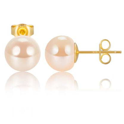 EAMTI Pearl Earrings for Women Trendy 18K Gold Plated Sterling Silver Freshwater Cultured Pearl Stud Earrings Hypoallergenic 5.5-9.5MM - color: Peach-pink, size: 8.6-9.5mm