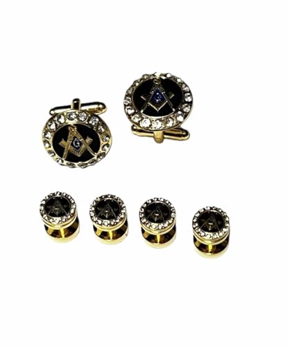 Masonic Cufflinks and Shirt Studs Set with Black Enamel and Rhinestones, Gold Tone