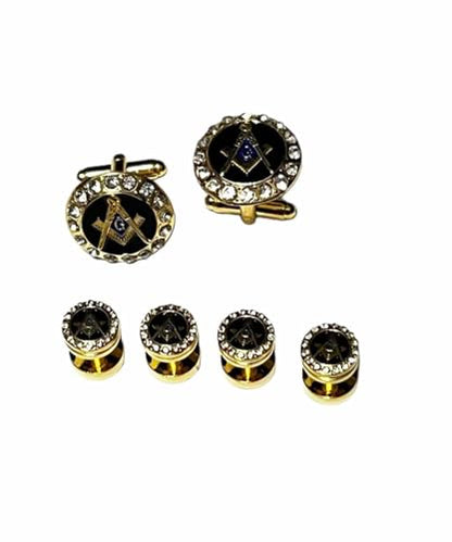 Masonic Cufflinks and Shirt Studs Set with Black Enamel and Rhinestones, Gold Tone
