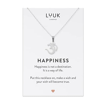 LUUK LIFESTYLE Stainless steel necklace with pendant and HAPPINESS card, 20” adjustable length, lucky charm, friendship chain, Valentine's Day gift, birthday, women's jewelry, silver, gold, rosegold - color: Silver, size: Om | Hindu Symbol