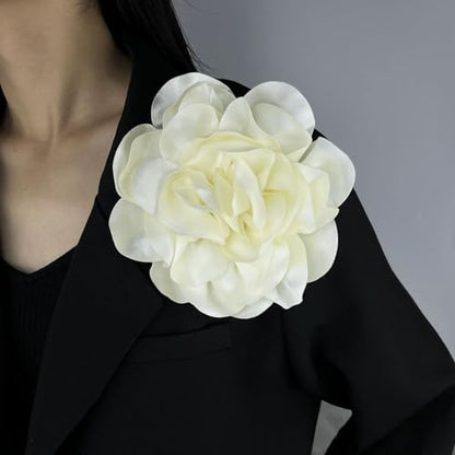 Dainty Satin Fabric Rose Flower Brooches 7.5in Extra Large Big Camellia Flower Brooches Lapel Pins for Women Wedding Party Dance Dress Clothes Accessories - color: Beige