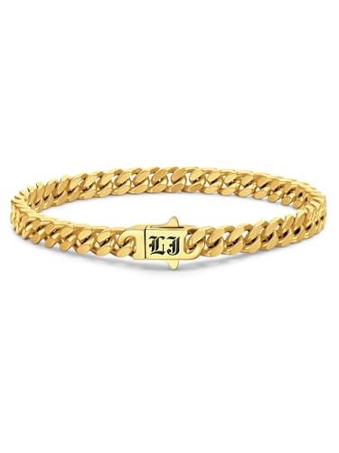 Bandmax Mens Hip Hop Cuban Link Bracelets 5/7/9/12MM Stainless Steel Miami Curb Chain Bracelet Silver/Gold Plated/Black Wristlet Chains for Men 7"-9" - color: 15 5MM Gold-Custom