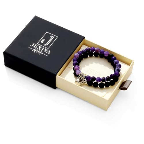 Set Of 2 Couples Bracelet Magnetic Healing Natural Bead Stone Stretch Bracelet Unisex Anniversary, Friendship, Valentine, Christmas Gift - color: Lava+Purple Weathered, style: With Luxury Giftbox