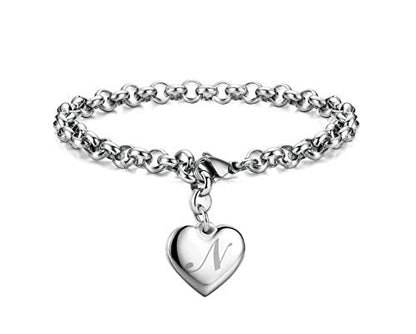 Monily Birthday Gifts for Women Initial Charm Bracelets for Women Letters Alphabet Heart Bracelet for Women - color: N: Heart