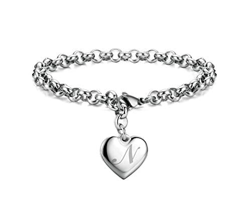 Monily Birthday Gifts for Women Initial Charm Bracelets for Women Letters Alphabet Heart Bracelet for Women - color: N: Heart
