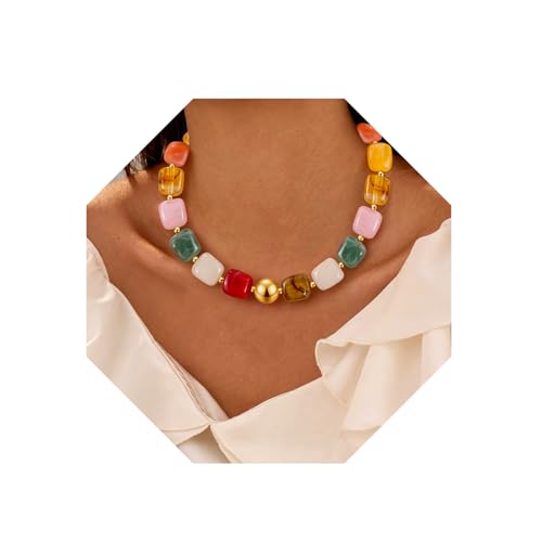 VIBILIA Boho Beaded Chunky Statement Necklace for Women Y2K Summer Jewelry | Boho Handmade Large Resin Bead Strand, Trendy Statement Summer Vacation Holiday Jewelry - color: Square-Colorful