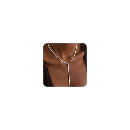 14K Gold Plated Layered Lariat Necklace for Women - Waterproof Non-Tarnish Dainty Gold Chain Necklace, Long Boho Statement Jewelry for Wedding, Prom, Summer Vacation Gifts - color: Y Necklace-Silver