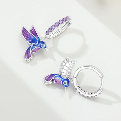 925 Sterling Silver Hoop Earrings Drop Dangle Earrings for Women Hypoallergenic Earring Trendy Huggie Earring Cute Graduation Birthday Gifts Jewelry for Women - color: Blue purple bird earrings