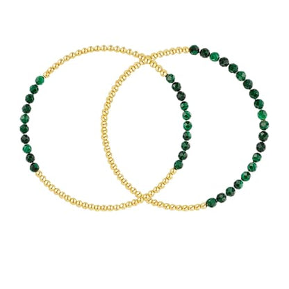Kainier Gold Beaded Bracelets for Women 2Pairs 14K Gold Plated Stretch Bracelet Set Stackable Tarnish Dainty Natural Stone Bead Bracelets Gift - color: Malachite