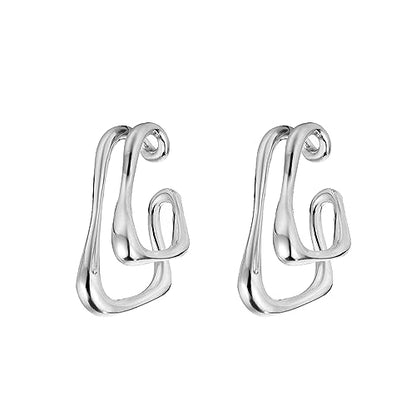 Minimalist Double Line Teardrop Cuff Wrap Clip on Earrings for Women Non Pierced Ear Unique Design 14K Gold Plated Silver Fake Hoop Hypoallergenic Fashion Trendy Jewelry - color: silver