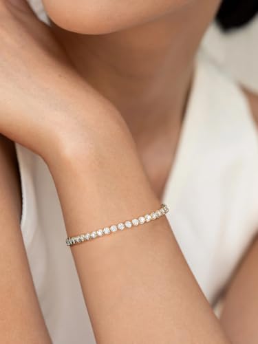 Sterling Silver 14K Gold Plated 2.5mm/3mm/4mm/5mm Round Cut Moissanite Tennis Bracelet, Classic Luxury Bezel Set Diamond Bracelets for Women Men Wedding Birthday Jewelry, Size 6.5" 7" 7.5" 8.3" - color: 2.5mm Width-Moissanite-Gold, size: 7.5 Inch (Fit Wri