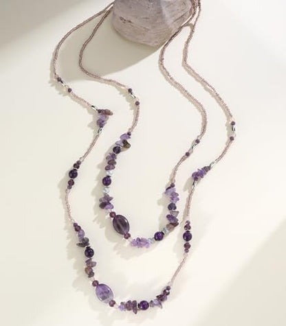 Noessla Boho Long Beaded Necklaces for Women Double Layer Chunky Irregular Stone Beads Strand Statement Jewelry Mothers Day Gifts - color: Amethyst