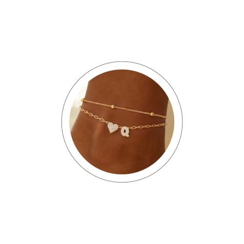 KeyStyle Heart Initial Ankle Bracelets for Women, Layered CZ A-Z Letter | 14K Gold Plated or Silver Stainless Steel Anklet, Hypoallergenic Waterproof Layered Jewelry for Daily Wear & Special Gifts - color: Gold-Q