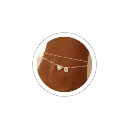 KeyStyle Heart Initial Ankle Bracelets for Women, Layered CZ A-Z Letter | 14K Gold Plated or Silver Stainless Steel Anklet, Hypoallergenic Waterproof Layered Jewelry for Daily Wear & Special Gifts - color: Gold-Q