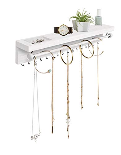 Rustic White Necklace Jewelry Organizer - Wall Mount Jewelry Holder - Mounted Hanging Jewelry Storage Hooks for Necklace, Earrings, and Rings - Farmhouse Wood Decor Bedroom Boho Shelf Rack - style: Rustic - Whitewashed Wood
