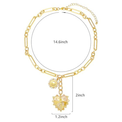 Chunky Gold Necklace for Women, 18K Waterproof Heart Necklace Statement Necklace Gold Charm Necklace Chunky Jewelry Paperclip Chain Choker Gift for Women - style: LOVE Coin Heart