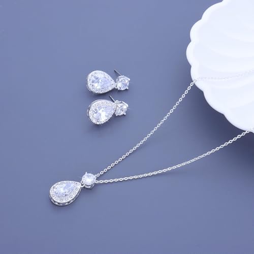 Plated Gold Silver Elegant Teardrop Zircon Earrings Necklace Bracelet Set for Bridesmaids, Sparkling Cubic Zirconia Jewelry, Wedding Gift, 4/5/6-Piece - color: 4 Set Silver