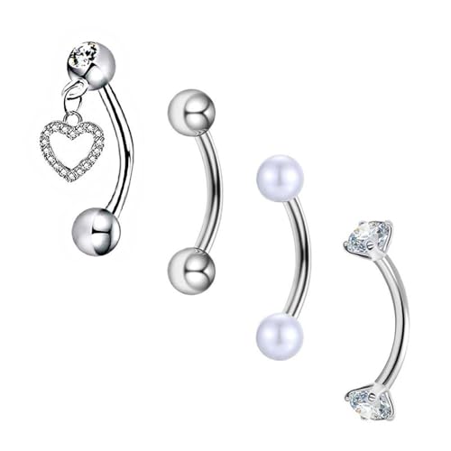 4Pcs 16G Stainless Steel Eyebrow Ring for Women Rhinestone Heart Star Wing Cross Pearl Curved Barbell Tiny Eyebrow Ring Rook Cartilage Piercing Jewelry - style: Heart