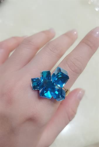 Hebelee Boho Square Crystal Statement Ring for Women Adjustable | Gold-Toned Expandable Promise Engagement Geometric Rings Comfort Fit Elegant Art Deco Christmas Cocktail Y2K Jewelry - color: Light Blue