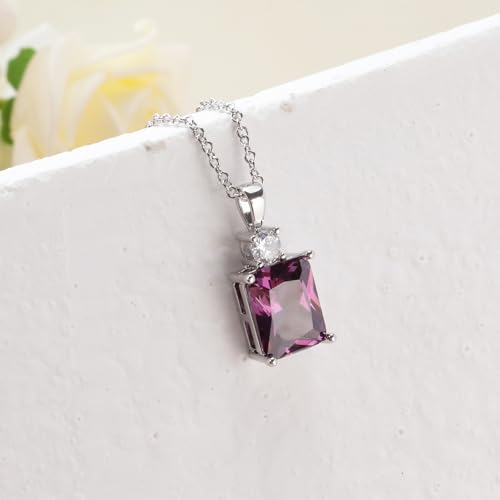 CiNily Rectangular Crystal Necklace for Women Trendy, Pendant Necklace with Chain 14K White Gold | Gold Plated Multicolor Birthstone Pendant Necklaces Boho Jewelry for Christmas Birthday Wedding - color: Silver-Purple cz